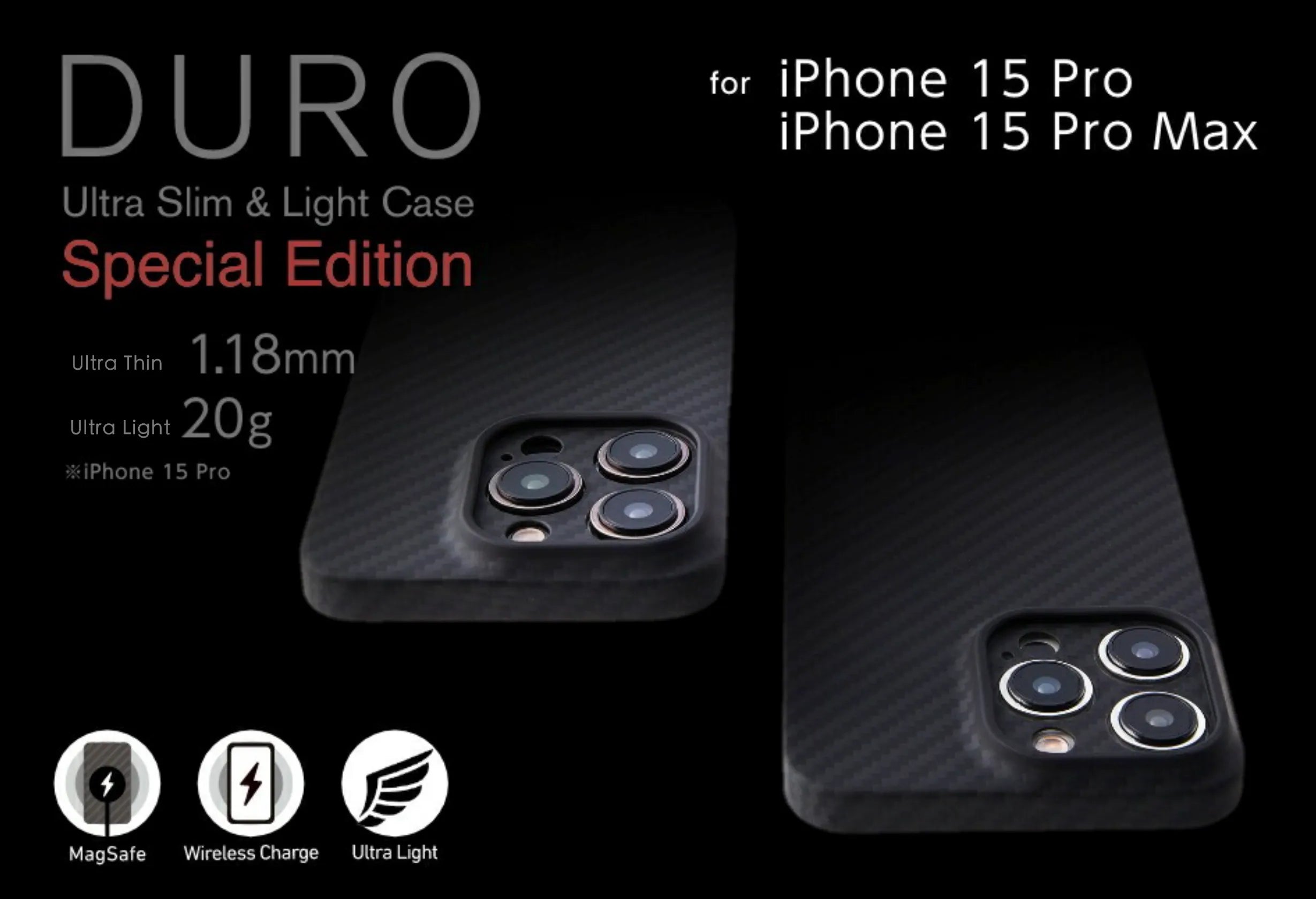 DëFF ®DURO® 羽量纖維抗衝擊保護殼Magsafe 特仕版 Ultra Slim &amp; Light Case DURO for iPhone 15 pro / ProMax  超輕 20 g，超薄 1.18mm  MIL-STD-810H耐衝撃性能もサポート