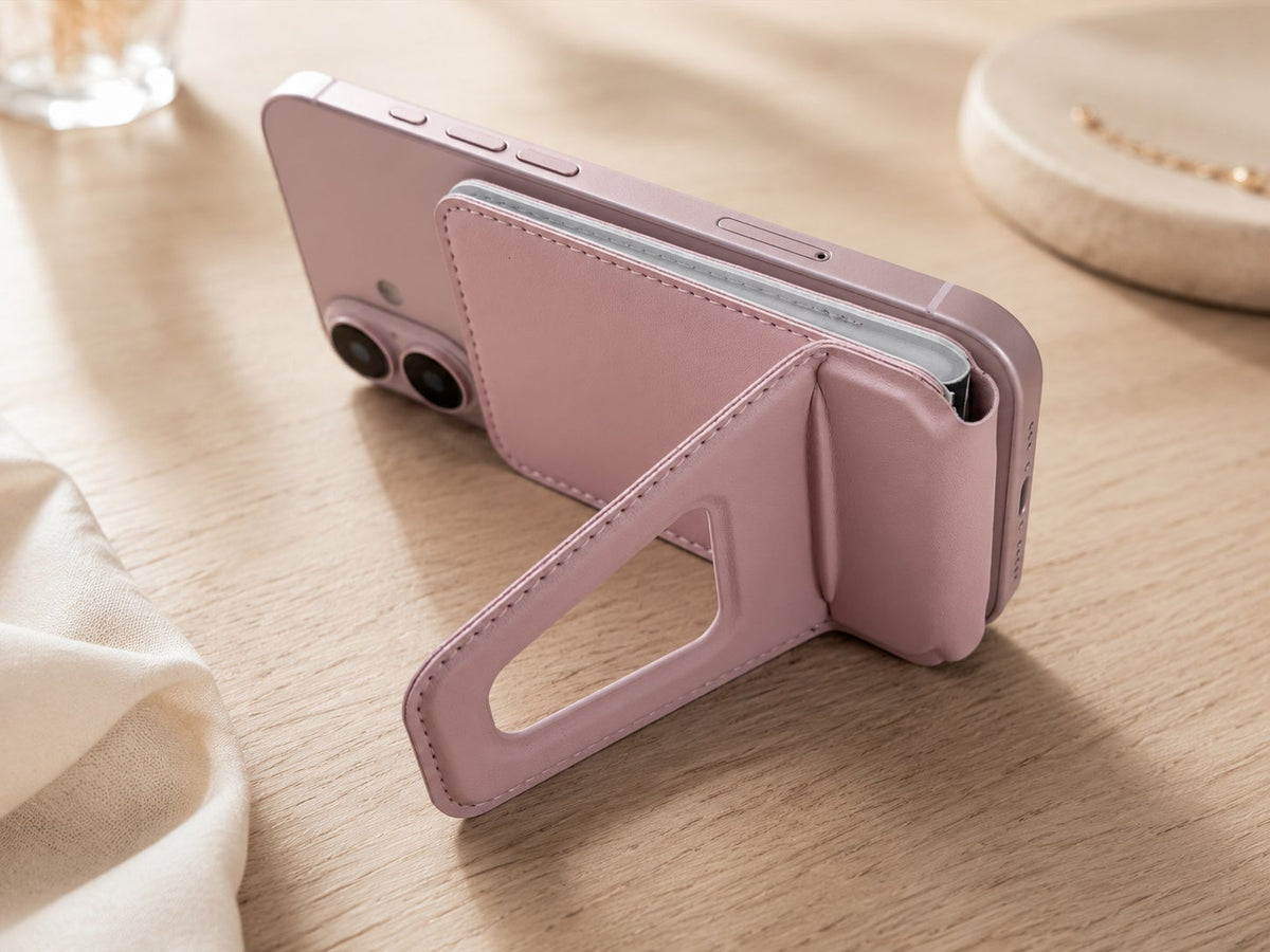 QuadFlex Mirror Wallet attached to phone with kickstand open